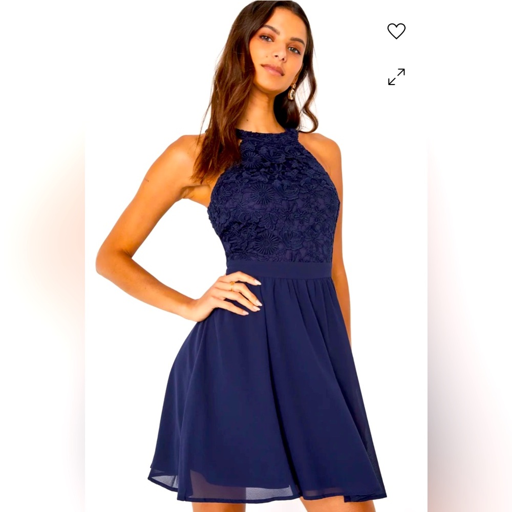 NWT Lulus Lover's Game Navy Blue Lace Skater Dress women’s medium